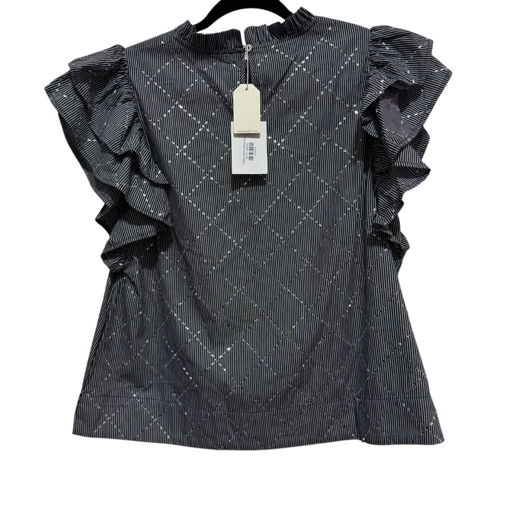 JODIFL Black / White Stripe Ruffled Sleeveless Blouse with sparkle design - Picture 11 of 16
